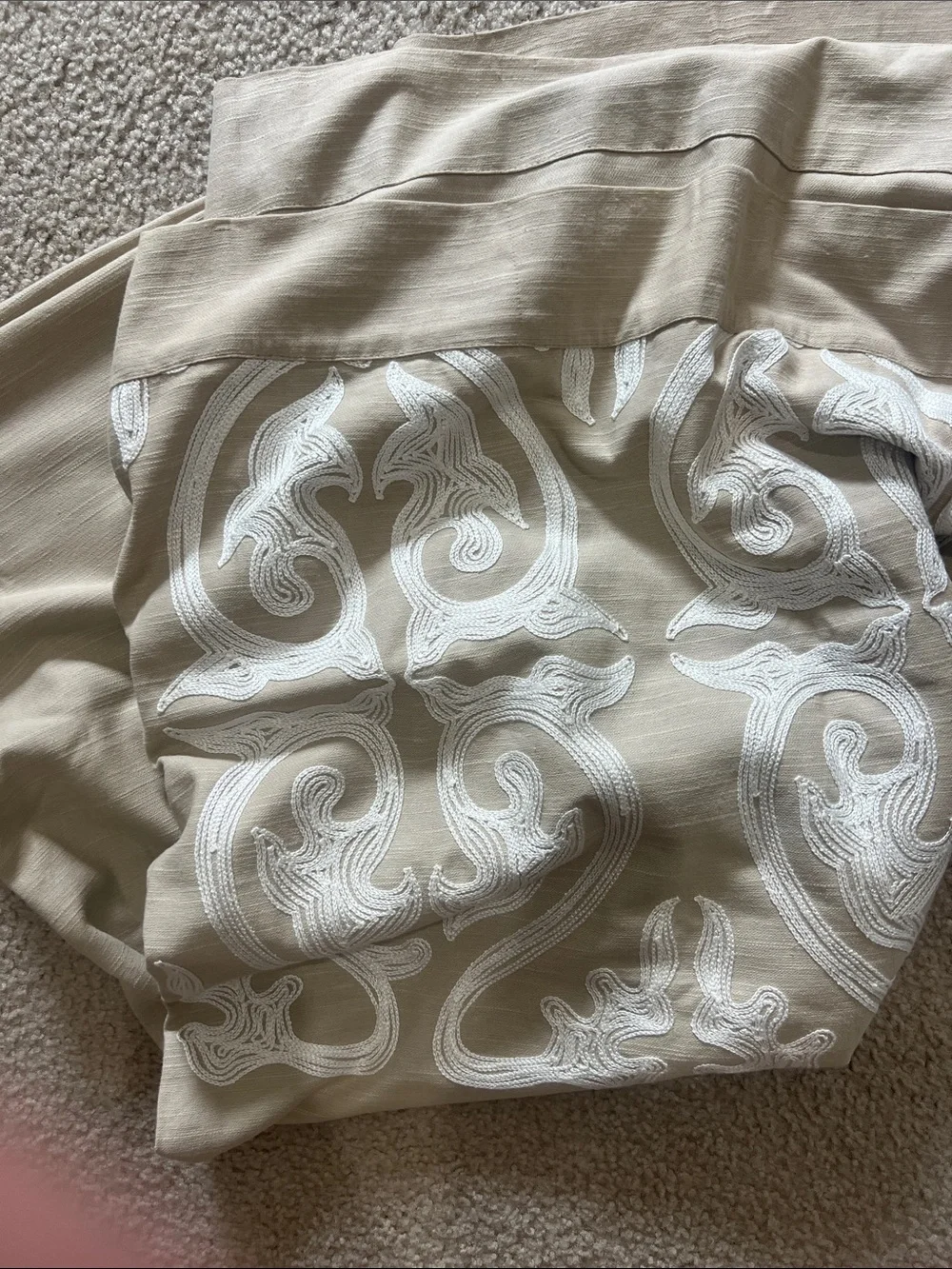 Four Threshold Beige Curtain Panels with White Embroidered Scroll Border